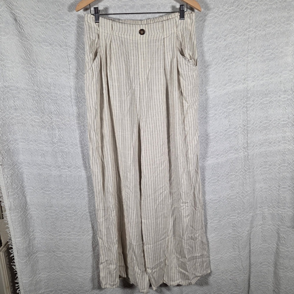 Sienna Sky Linen Blend Pinstripe Wide Leg Pants Cream Black XL‎ Preppy Flowy